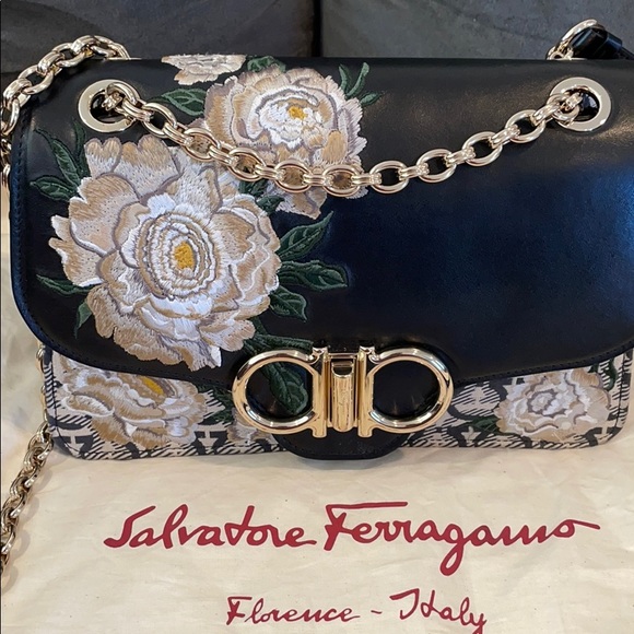 Salvatore Ferragamo Handbags - Salvatore Ferragamo Black Floral Embroidered Mini Bag with Gold Hardware